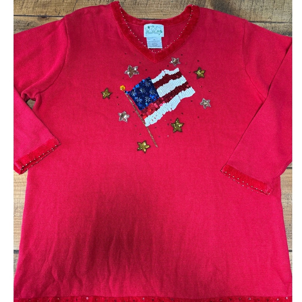 NWT Quacker Factory Womens Red American Flag Sequined Patriotic Sweater 1X